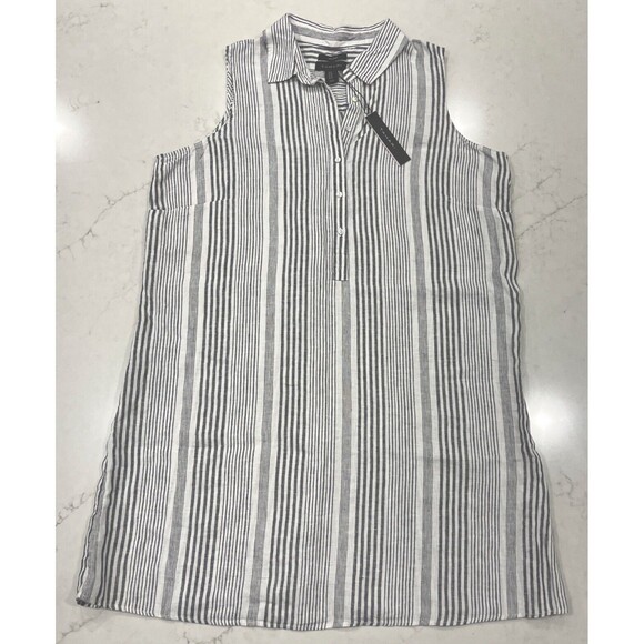 Tahari NEW Sz 1x 100% Linen Stripe Sleeveless Midi Dress Collared Half Button - Picture 1 of 10